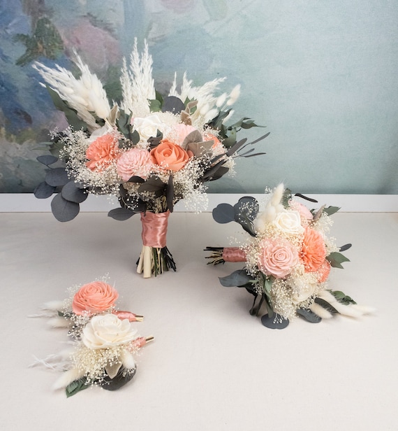 Coral Sola Flowers Boho Chic Pampas Grass Wedding Bouquet, Groom's