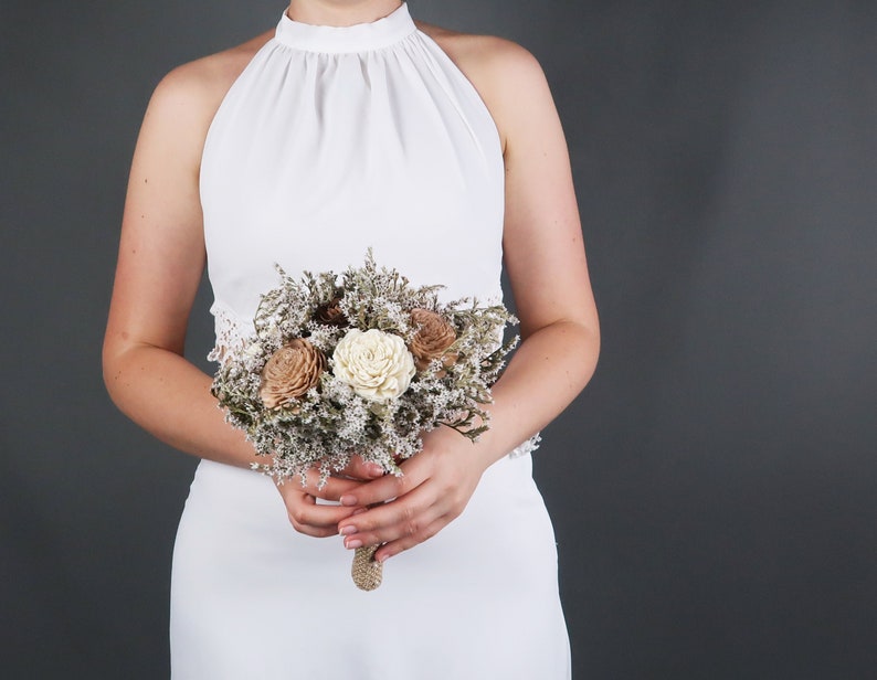 Ivory brown caramel beige sola flowers wedding BOUQUET dried limonium burlap lace Flower girl Bridesmaids rustic woodland toss image 2