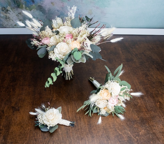 pink lavender ivory sola flowers preserved gypsophila eucalyptus lambs ears greenery heather lace Rustic pastel and deep red bridal bouquet