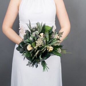 Woodland boho wedding bouquet, champagne real flowers and woodsy greenery eucalyptus ferns, realistic natural floral decoration image 2