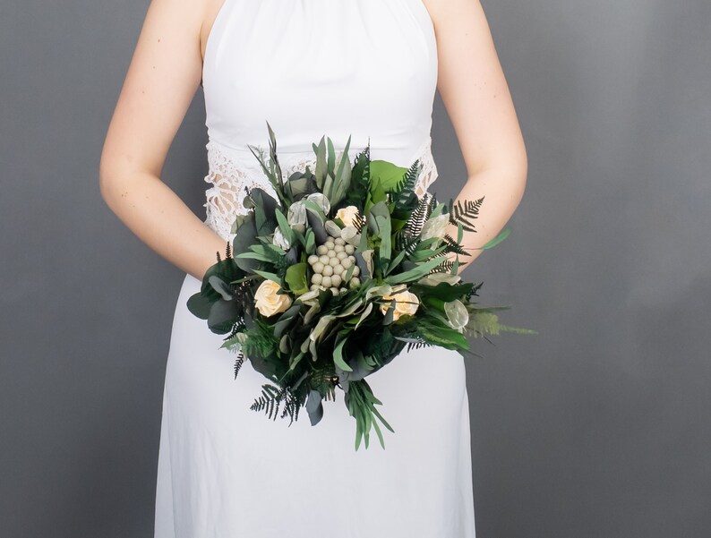 Woodland boho wedding bouquet, champagne real flowers and woodsy greenery eucalyptus ferns, realistic natural floral decoration image 2