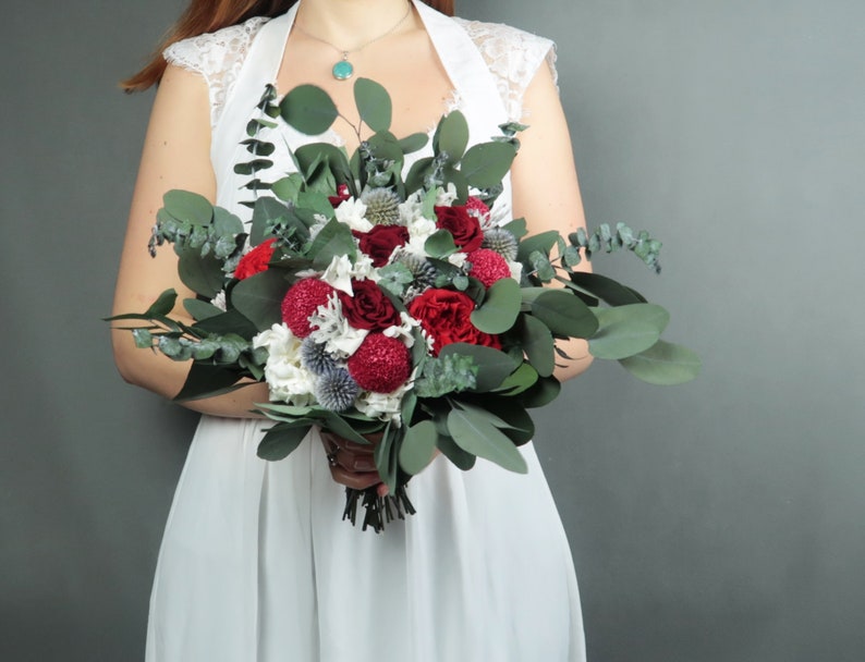 realistic boho southwestern wedding burgundy white greenery real preserved flower thistle rose eucalyptus Deep red wedding bridal bouquet