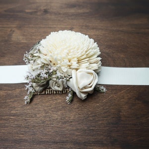 Ivory gray rustic wedding wrist corsage, bridesmaids mothers wooden dried sola flowers image 6