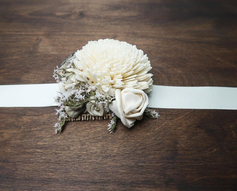 Ivory gray rustic wedding wrist corsage, bridesmaids mothers wooden dried sola flowers image 6