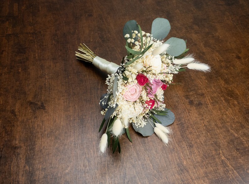 pink lavender ivory sola flowers preserved gypsophila eucalyptus lambs ears greenery heather lace Rustic pastel and deep red bridal bouquet