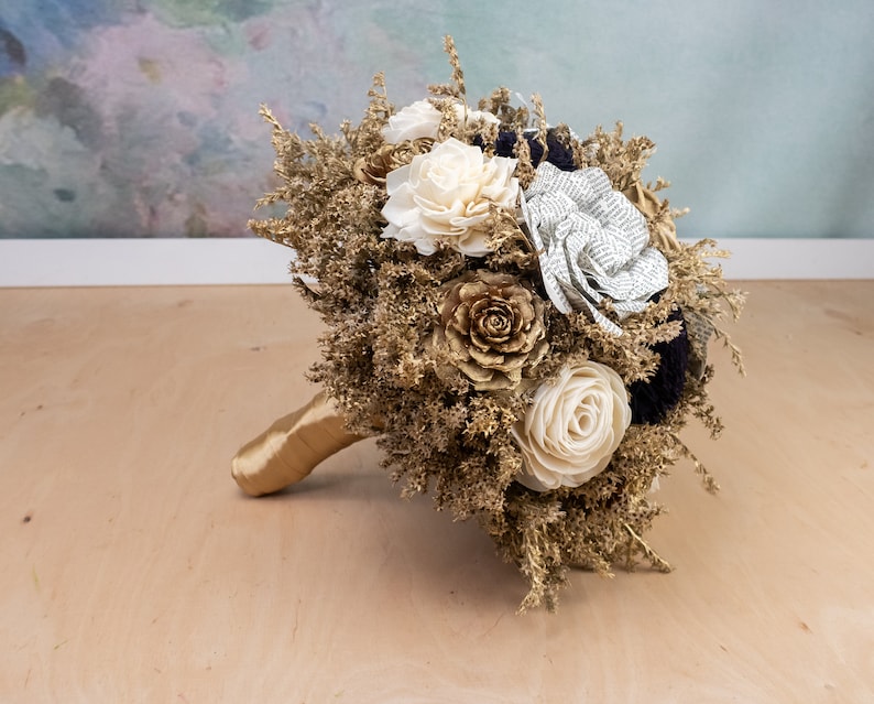 Gold ivory black wedding bouquet bridal elegant retro wedding sola flowers cedar rose dried flowers paper book flowers satin ribbon carnival image 4