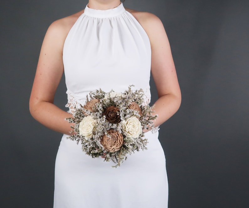 Ivory brown caramel beige sola flowers wedding BOUQUET dried limonium burlap lace Flower girl Bridesmaids rustic woodland toss image 8