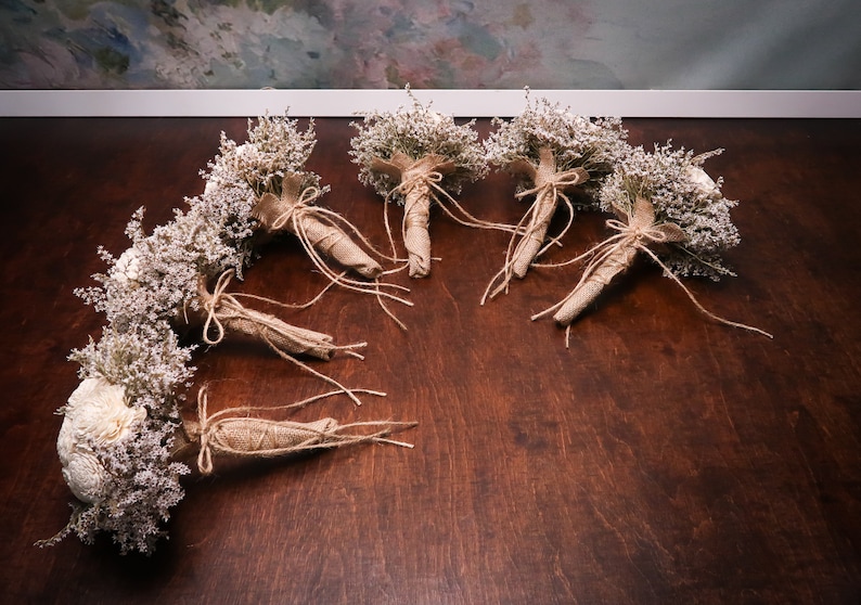 Small Ivory Rustic Wedding Set Of 5 Bouquets Sola Flowers Dried Limonium Burlap Lace Bridesmaid Bouquet Simple Cheap Flowers