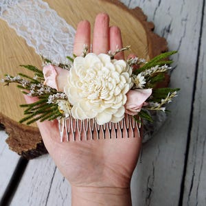 Romantic hair piece bridal accessory HAIR COMB Dried flowers sola Ivory green blush pink rustic woodland wedding cypress greenery burlap image 8