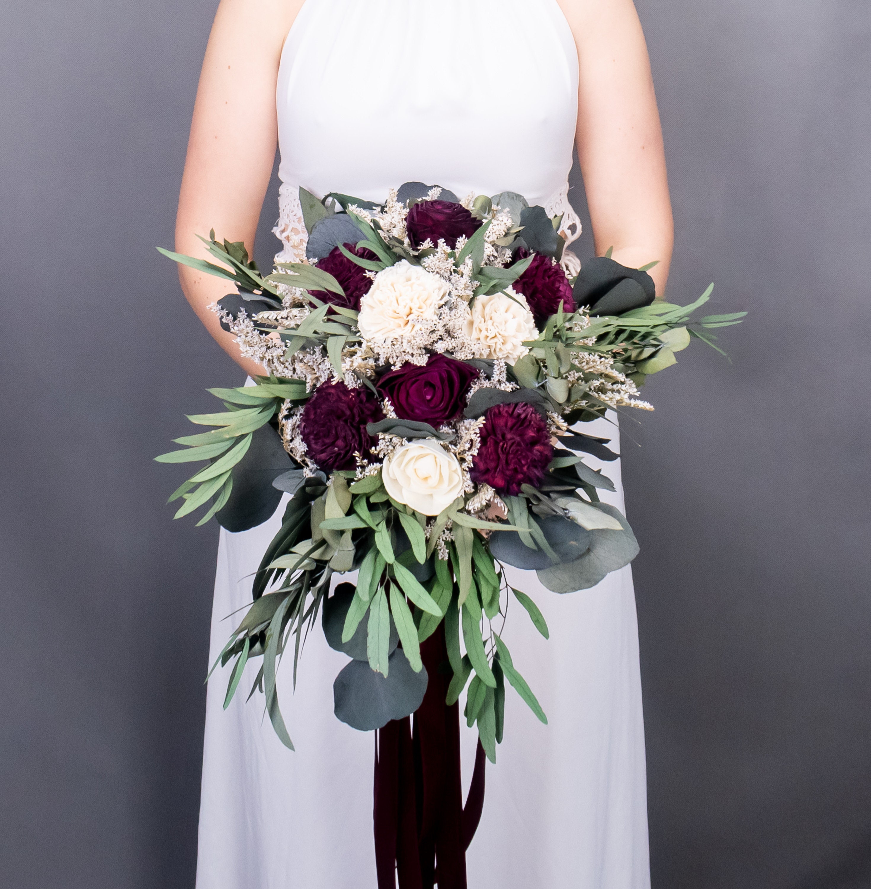 Oval Wedding Bouquet Bridal Bouquet Blushed Sola Wood Flowers Preserved Bouquet Japanese Garden White and Red Eucalyptus