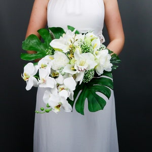 Tropical wedding bouquet with white orchids and greenery, silk bridal bouquet, artificial flowers, large monstera leaves