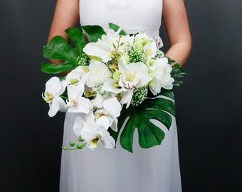 Tropical wedding bouquet with white orchids and greenery, silk bridal bouquet, artificial flowers, large monstera leaves