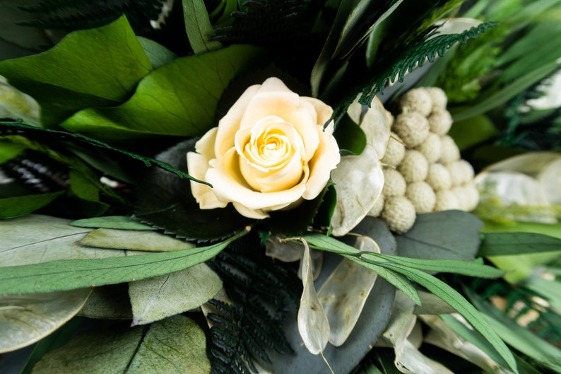 Woodland boho wedding bouquet, champagne real flowers and woodsy greenery eucalyptus ferns, realistic natural floral decoration image 9