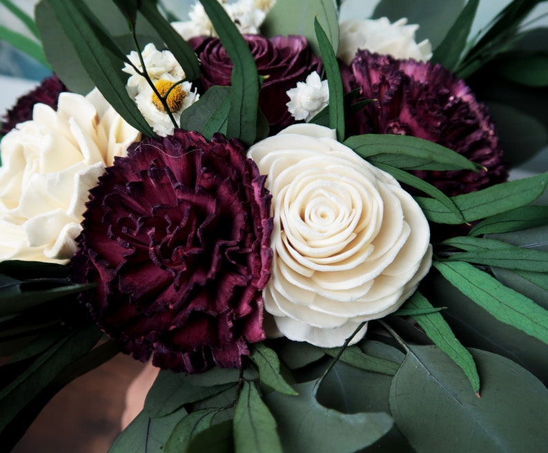 preserved eucalyptus vintage style long ribbons bridesmaid flowers burgundy wine ivory sola flowers Boho southwestern wedding bouquet
