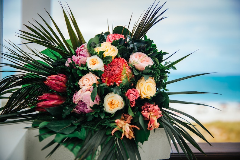 Real preserved flowers tropical cascading bouquet with pineapples proteas palms and monstera leaves, beach wedding, pink peach green bouquet image 6