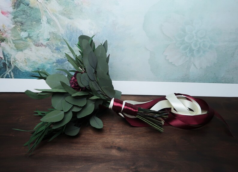 preserved eucalyptus vintage style long ribbons bridesmaid flowers burgundy wine ivory sola flowers Boho southwestern wedding bouquet