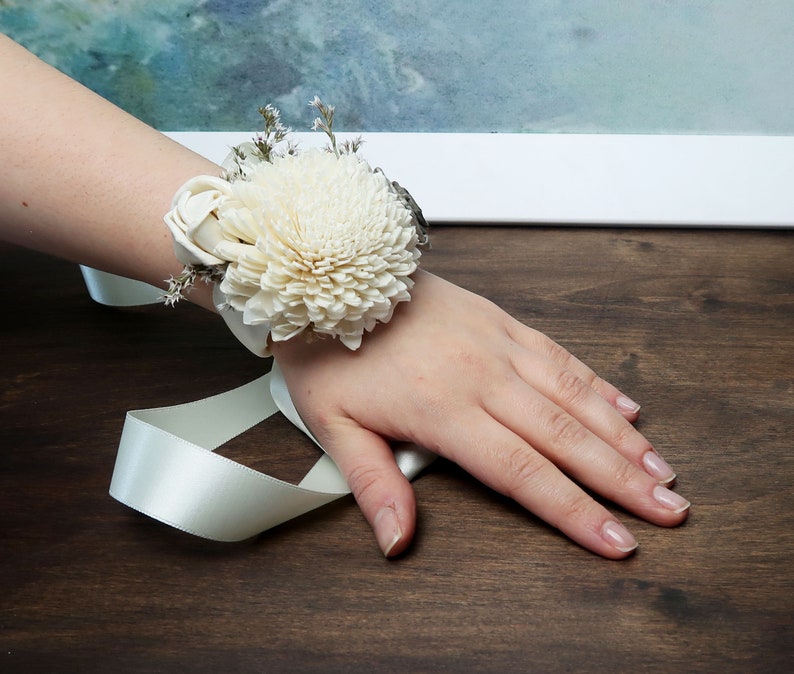 Ivory gray rustic wedding wrist corsage, bridesmaids mothers wooden dried sola flowers image 1