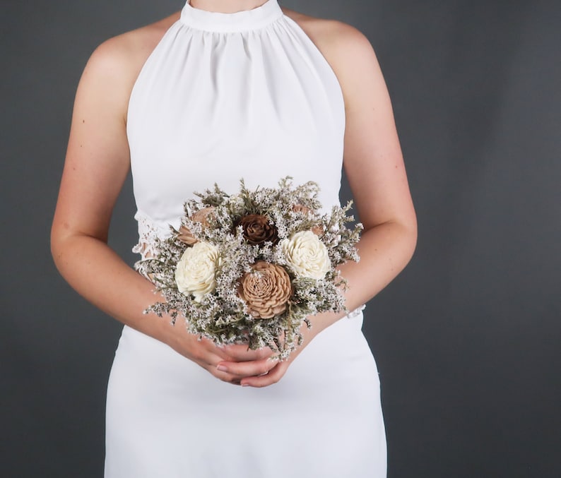 Ivory brown caramel beige sola flowers wedding BOUQUET dried limonium burlap lace Flower girl Bridesmaids rustic woodland toss image 7