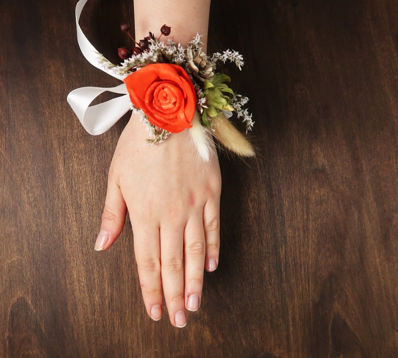 Burnt Orange Ivory Wrist Corsage Fall Wedding Sola Rose Dried Etsy