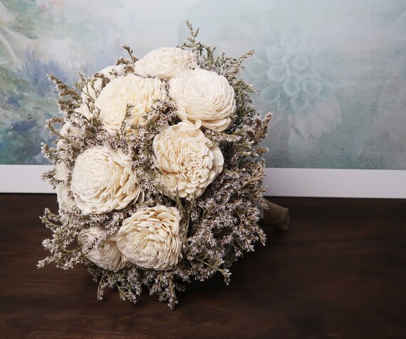 Mariage Rustique Ivoire Grand Bouquet Sola Fleurs Séchées Limonium Toile De Jute Dentelle Perles Mariée Vintage Personnalisé