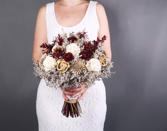Ivory Burgundy Gold and Brown Rustic Wedding BOUQUET With Sola