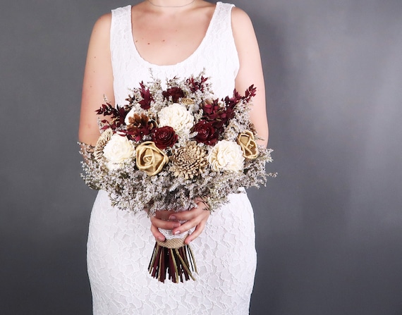 Ivory Burgundy Gold and Brown Rustic Wedding BOUQUET With Sola