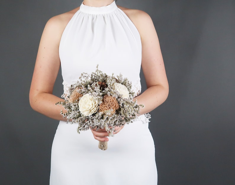 Ivory brown caramel beige sola flowers wedding BOUQUET dried limonium burlap lace Flower girl Bridesmaids rustic woodland toss image 9