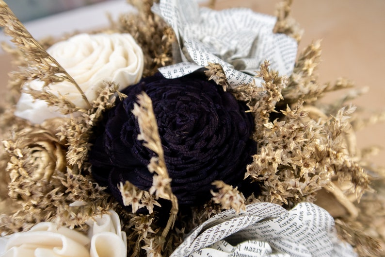 Gold ivory black wedding bouquet bridal elegant retro wedding sola flowers cedar rose dried flowers paper book flowers satin ribbon carnival image 9