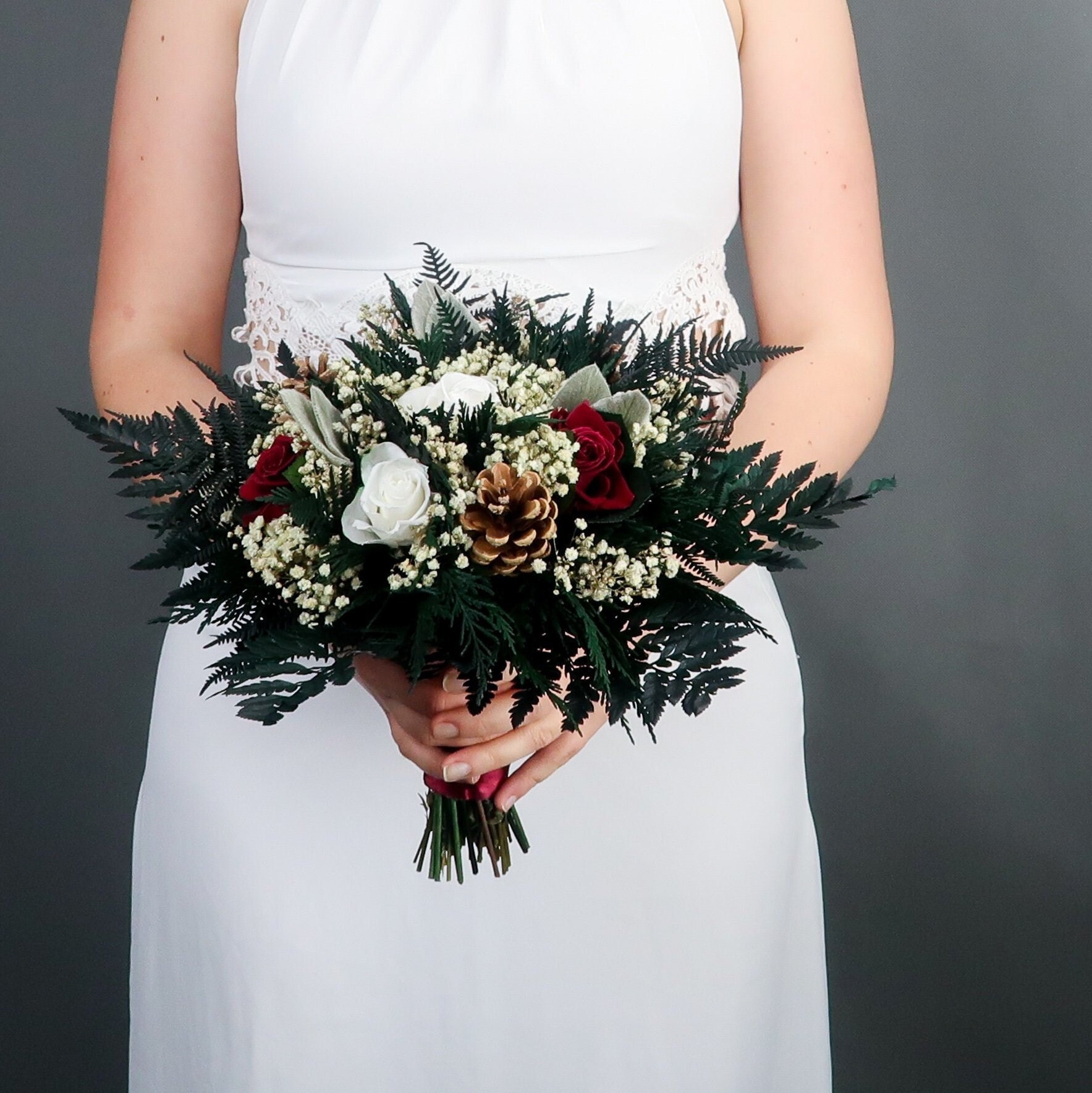 Burgundy and White Winter Wedding Bridal Bouquet Pine Cones Real