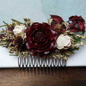 Green burgundy gold HAIR COMB cedar rose sola flowers rustic woodland wedding burlap hair piece bridal accessory image 4