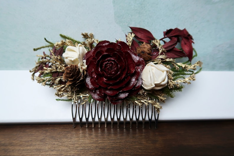 Green burgundy gold HAIR COMB cedar rose sola flowers rustic woodland wedding burlap hair piece bridal accessory image 4