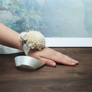 Ivory gray rustic wedding wrist corsage, bridesmaids mothers wooden dried sola flowers image 5