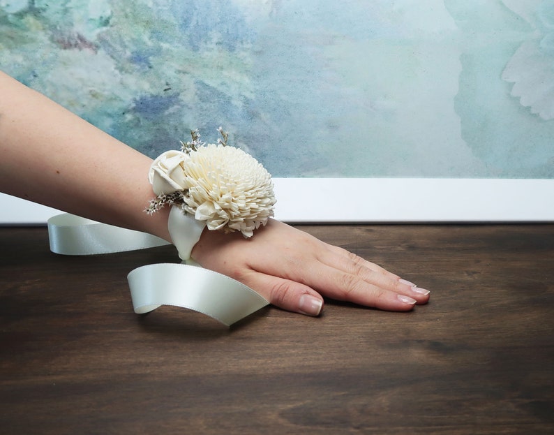 Ivory gray rustic wedding wrist corsage, bridesmaids mothers wooden dried sola flowers image 5