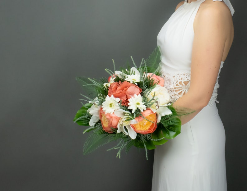 Coral ivory tropical wedding bouquet realistic artificial