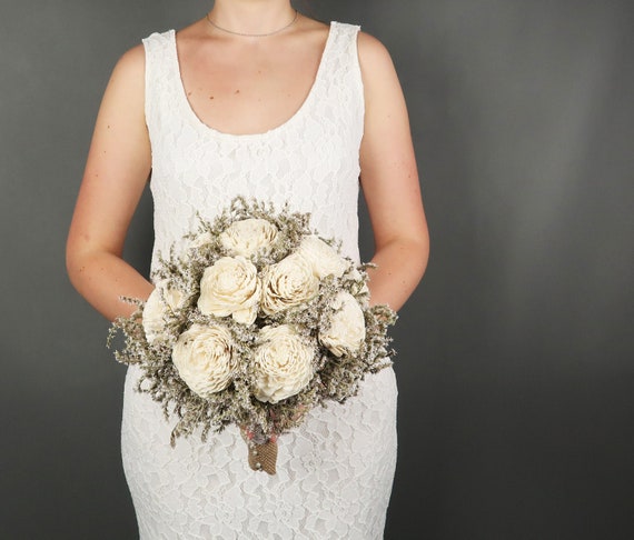 Mariage Rustique Ivoire Grand Bouquet Sola Fleurs Séchées Limonium Toile De Jute Dentelle Perles Mariée Vintage Personnalisé
