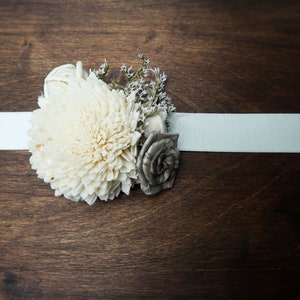 Ivory gray rustic wedding wrist corsage, bridesmaids mothers wooden dried sola flowers image 3