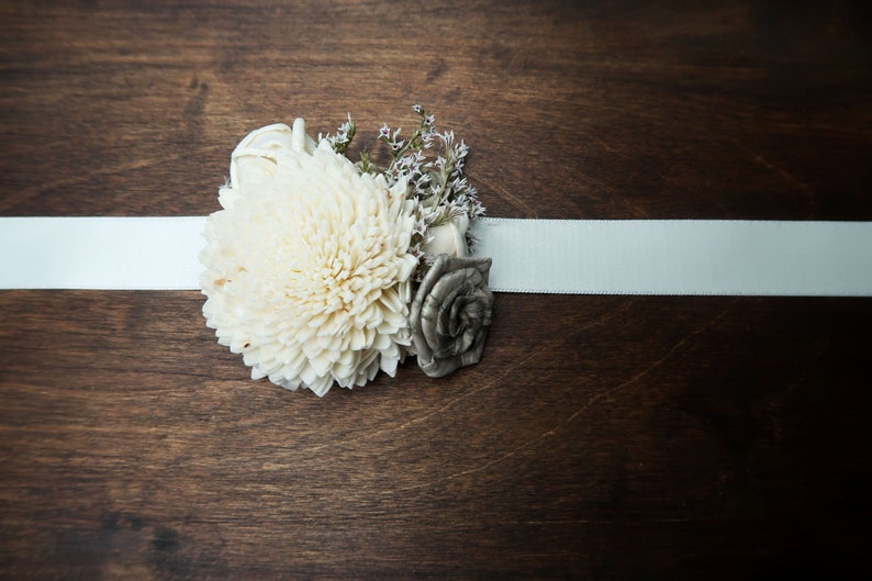 Ivory gray rustic wedding wrist corsage, bridesmaids mothers wooden dried sola flowers image 3