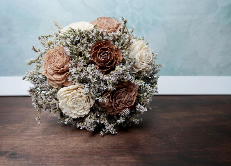 Ivory brown caramel beige sola flowers wedding BOUQUET dried limonium burlap lace Flower girl Bridesmaids rustic woodland toss image 3