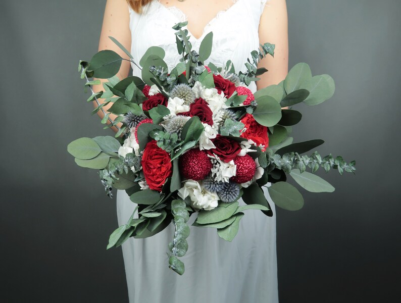 realistic boho southwestern wedding burgundy white greenery real preserved flower thistle rose eucalyptus Deep red wedding bridal bouquet