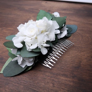 White hydrangea and roses Eucalyptus greenery wedding hair comb Preserved real flowers boho wedding Bridal hairpiece delicate romantic style image 2