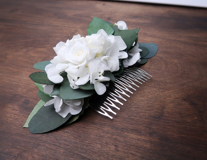 White hydrangea and roses Eucalyptus greenery wedding hair comb Preserved real flowers boho wedding Bridal hairpiece delicate romantic style image 2