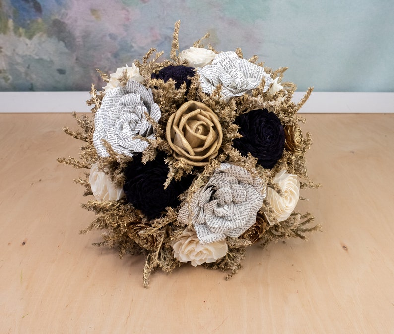 Gold ivory black wedding bouquet bridal elegant retro wedding sola flowers cedar rose dried flowers paper book flowers satin ribbon carnival image 6