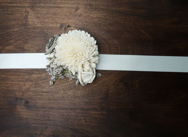 Ivory gray rustic wedding wrist corsage, bridesmaids mothers wooden dried sola flowers image 2