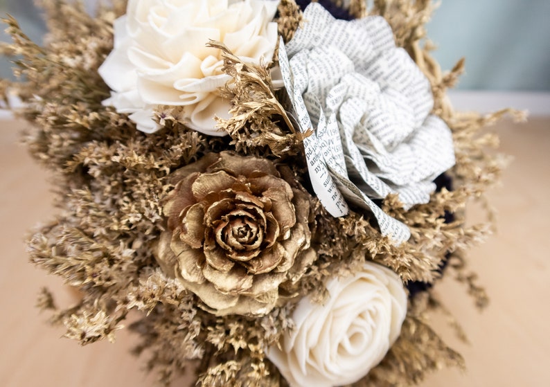 Gold ivory black wedding bouquet bridal elegant retro wedding sola flowers cedar rose dried flowers paper book flowers satin ribbon carnival image 8