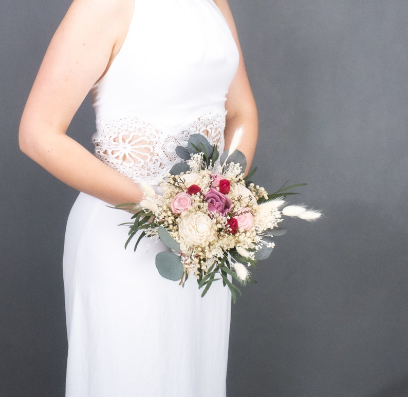 pink lavender ivory sola flowers preserved gypsophila eucalyptus lambs ears greenery heather lace Rustic pastel and deep red bridal bouquet