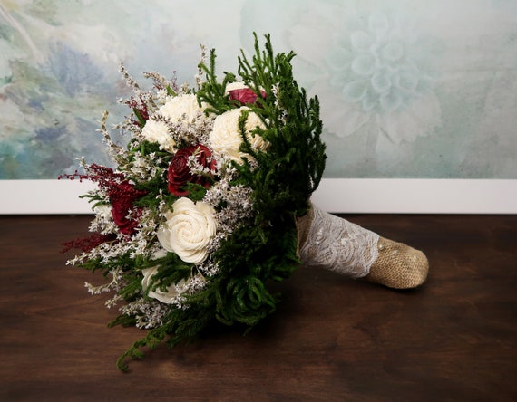 cones Burlap and Lace, Sola Flowers with preserved cypress cedar rose Medium ivory burgundy and green rustic wedding BOUQUET