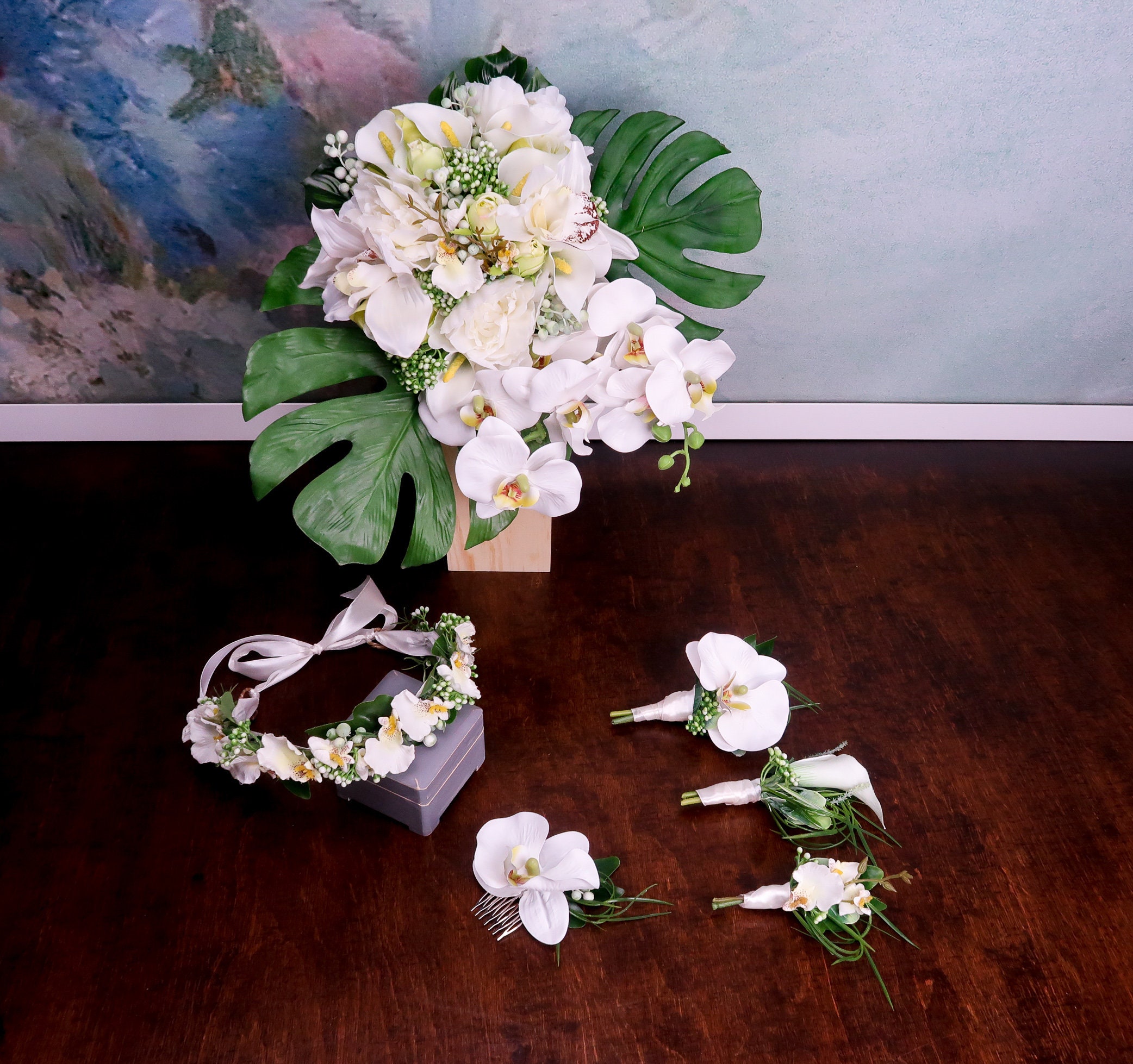 1 x Silk wedding flower blue singapore orchid groom button hole flowers 