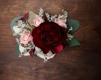 Burgundy boho wedding HAIR COMB, Bridal hairpiece clip, Sola rose Flower eucalyptus greenery blush pink dried flowers, bridal floral pin