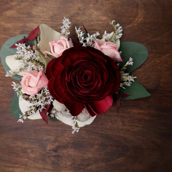 Burgundy boho wedding HAIR COMB, Bridal hairpiece clip, Sola rose Flower eucalyptus greenery blush pink dried flowers, bridal floral pin