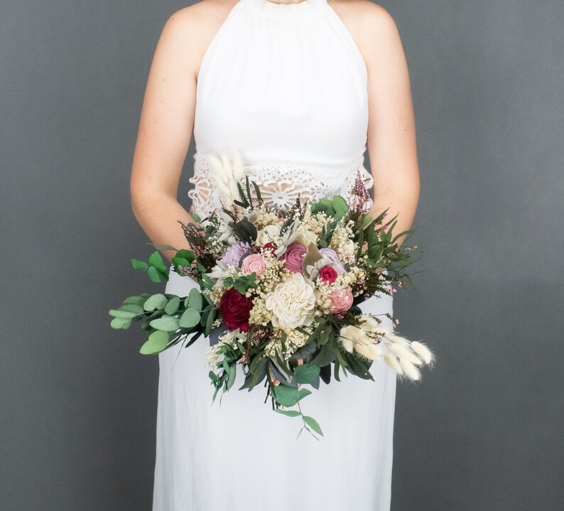 pink lavender ivory sola flowers preserved gypsophila eucalyptus lambs ears greenery heather lace Rustic pastel and deep red bridal bouquet